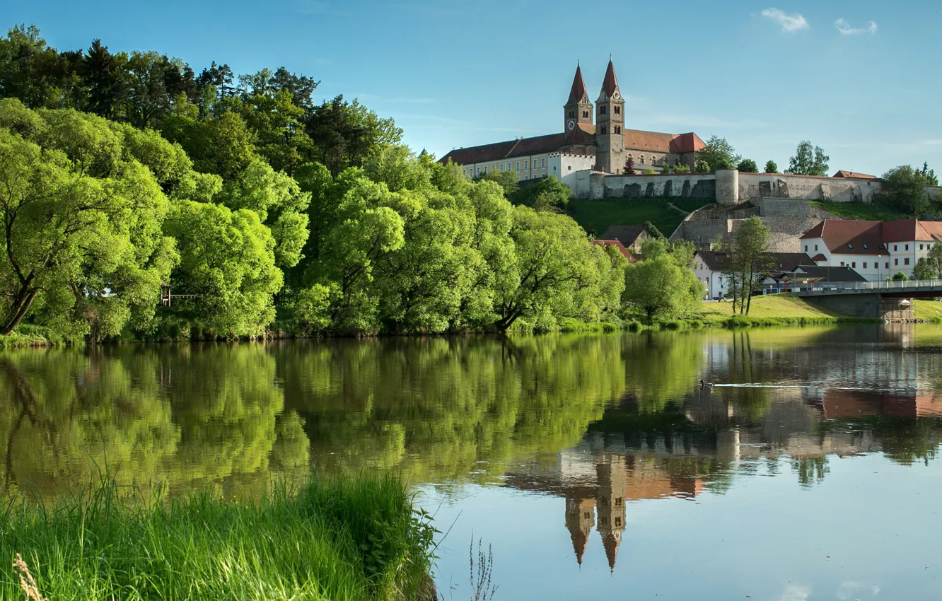 Фото обои деревья, река, замок, Германия, Бавария, кусты, Reichenbach am Regen