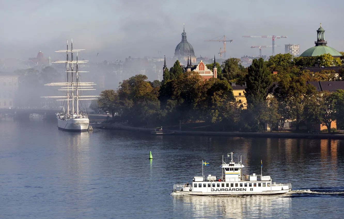 Фото обои туман, корабль, утро, Стокгольм, Stockholm, Trygg in fog