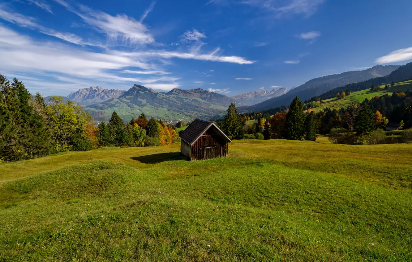Фото обои горы, Швейцария, долина, Альпы, луг, хижина, Switzerland, Alps