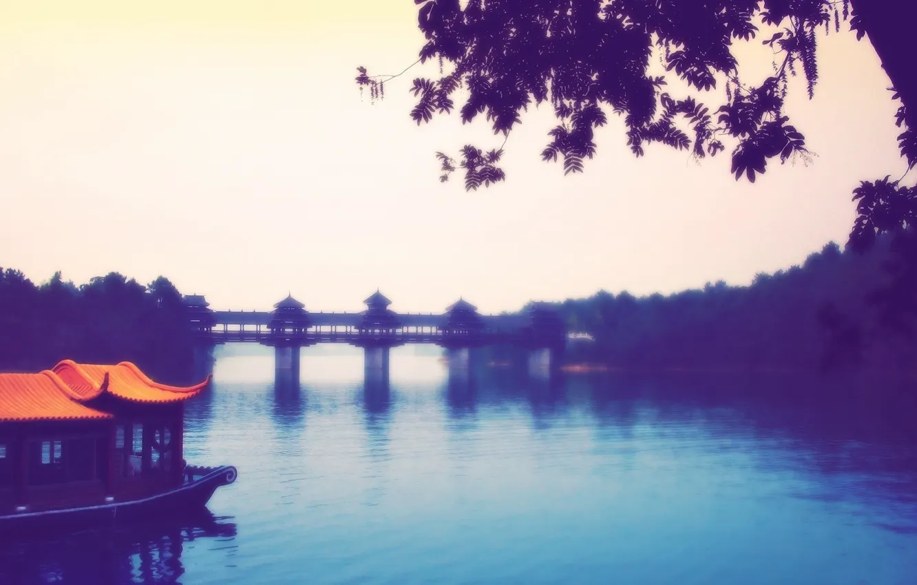 Фото обои мост, река, азия, вечер