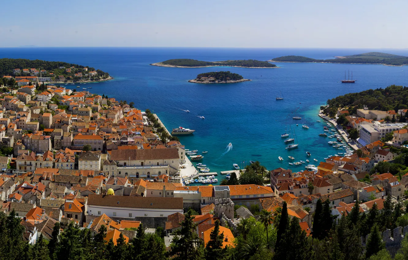 Фото обои море, побережье, дома, лодки, курорт, катера, Хорватия, Hvar