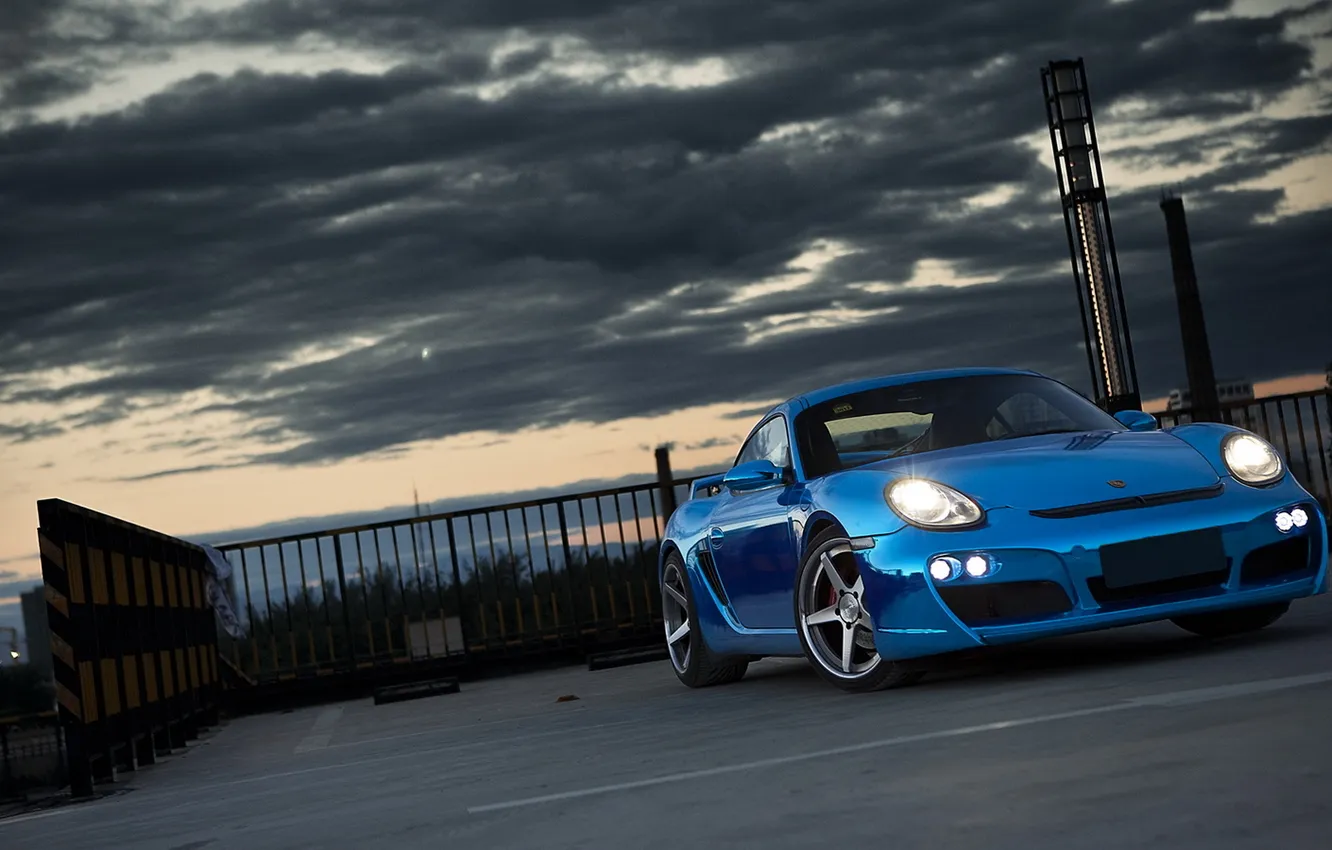 Фото обои Porsche, Cayman, суперкар, Blue, tuning, передок, Chrome