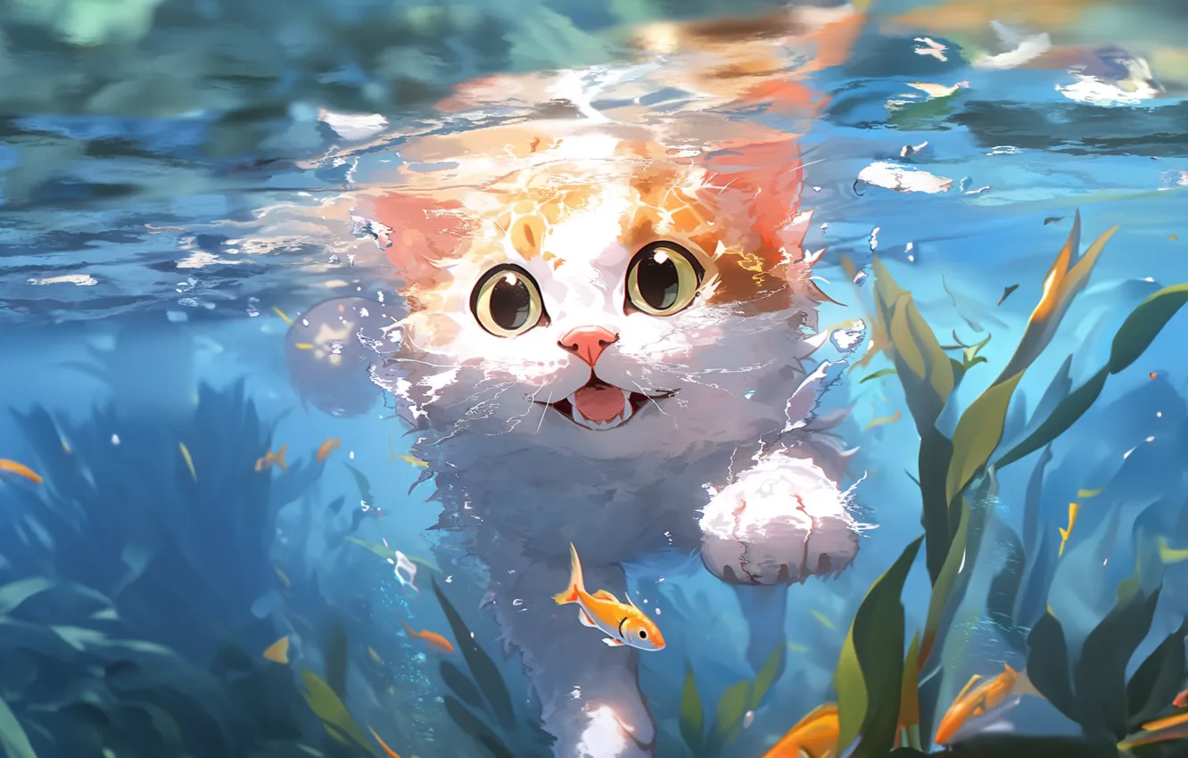 Фото обои bubbles, underwater, animals, water, cats, fish, artwork, kittens