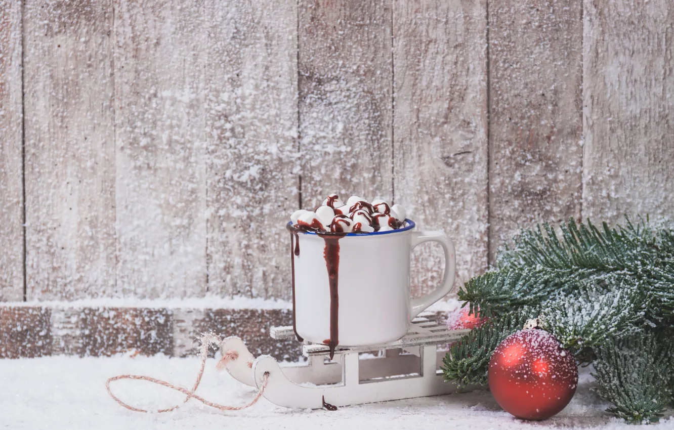 Фото обои зима, снег, новый год, christmas, декор, горячий шоколад, decorations, marshmallows