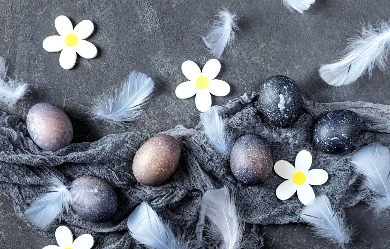 Фото обои цветы, праздник, яйца, перья, Пасха, декор, крашенки, марля