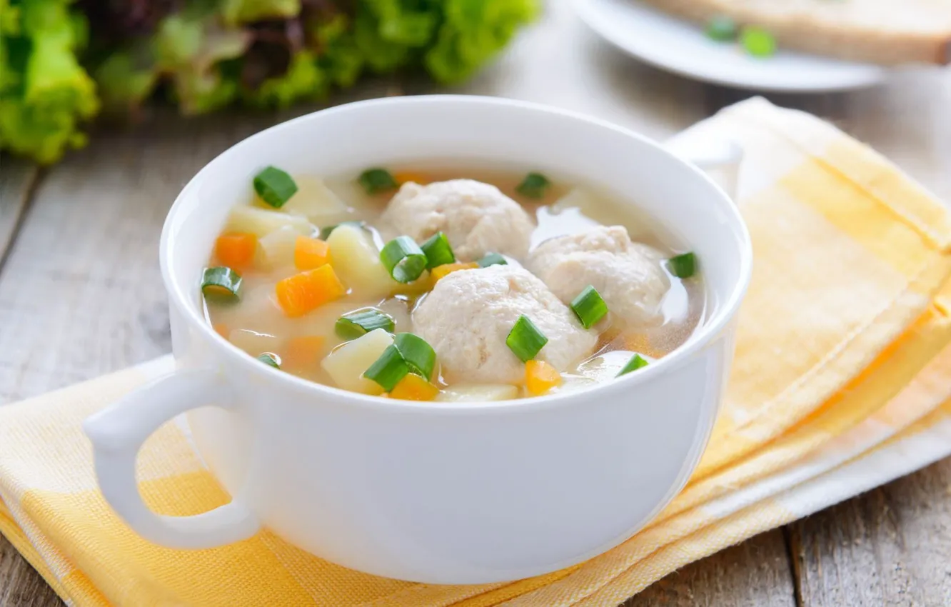 Фото обои зелень, суп, мясо, овощи