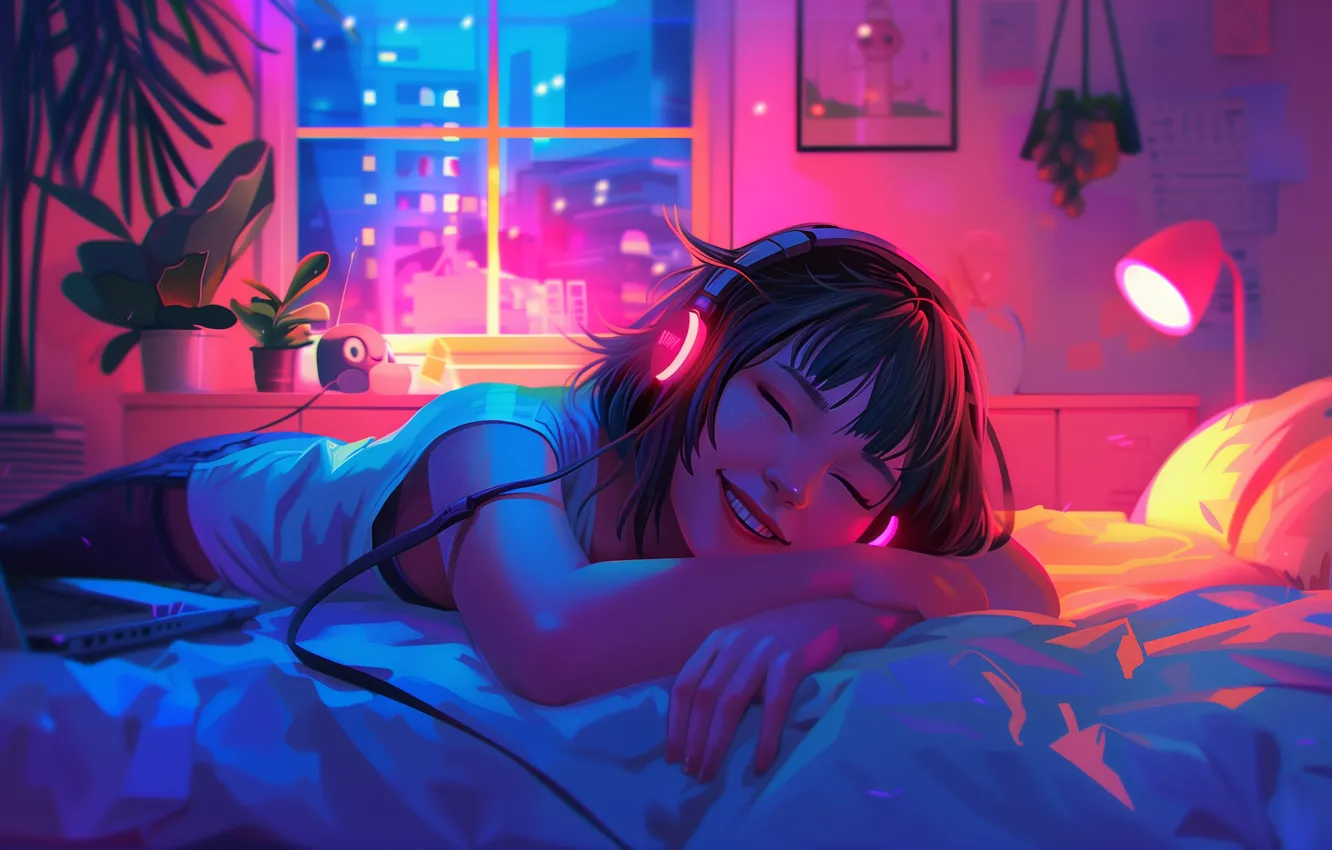Фото обои colorful, headphones, women, sleeping, illustration, AI art, LoFi