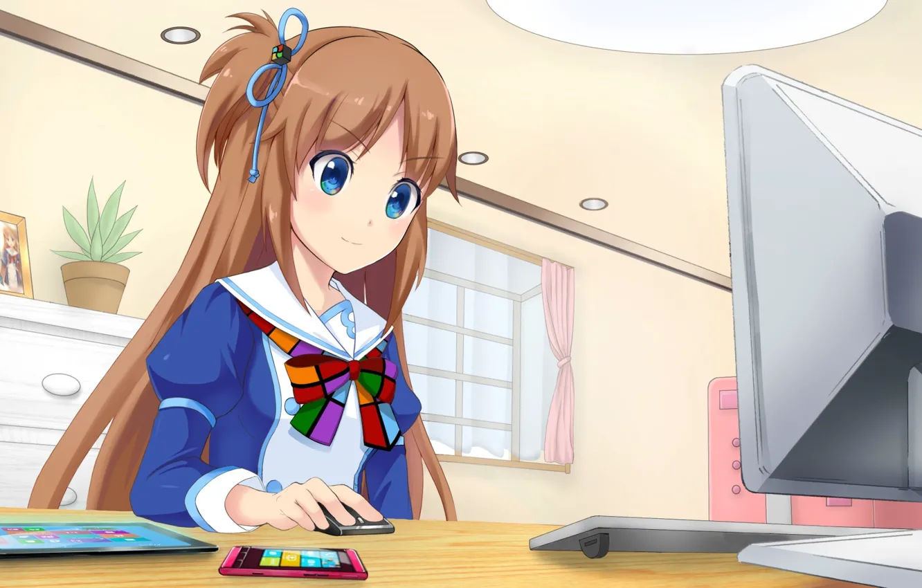 Фото обои компьютер, аниме, девочка, windows