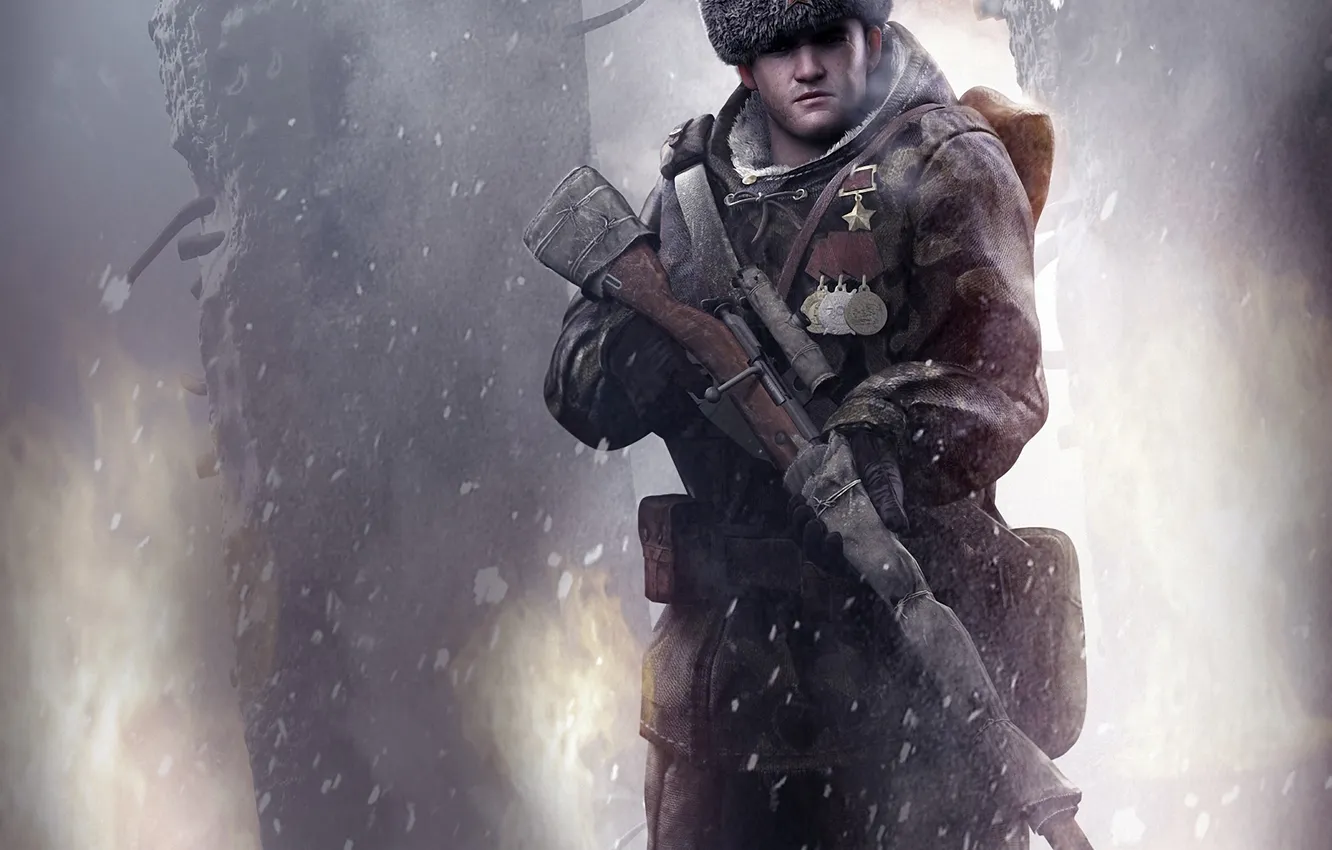 Фото обои снег, арт, мужчина, форма, снайпер, винтовка, ордена, AVA