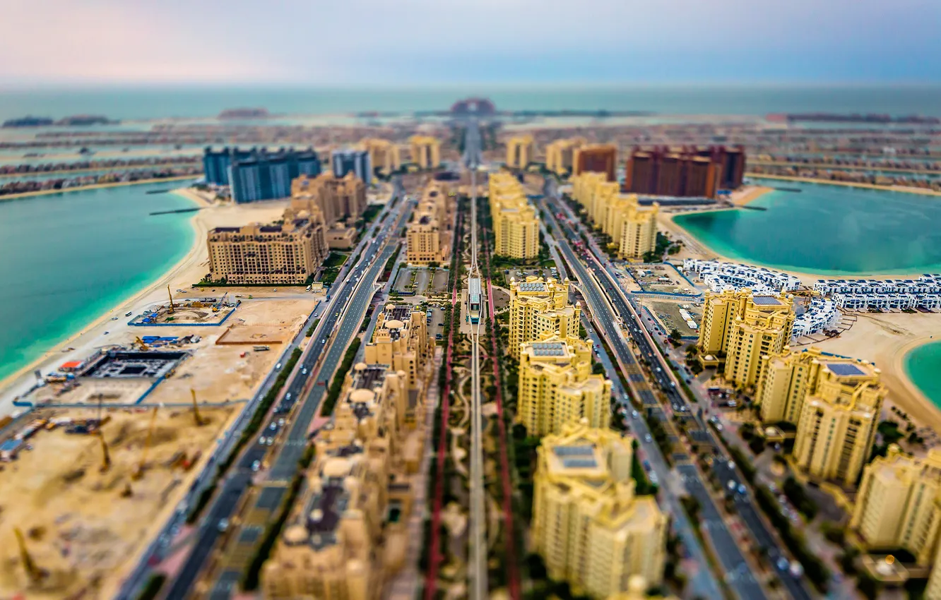 Фото обои здания, горизонт, багажник, Дубай, автомобили, Пальма Джумейра, проспекты