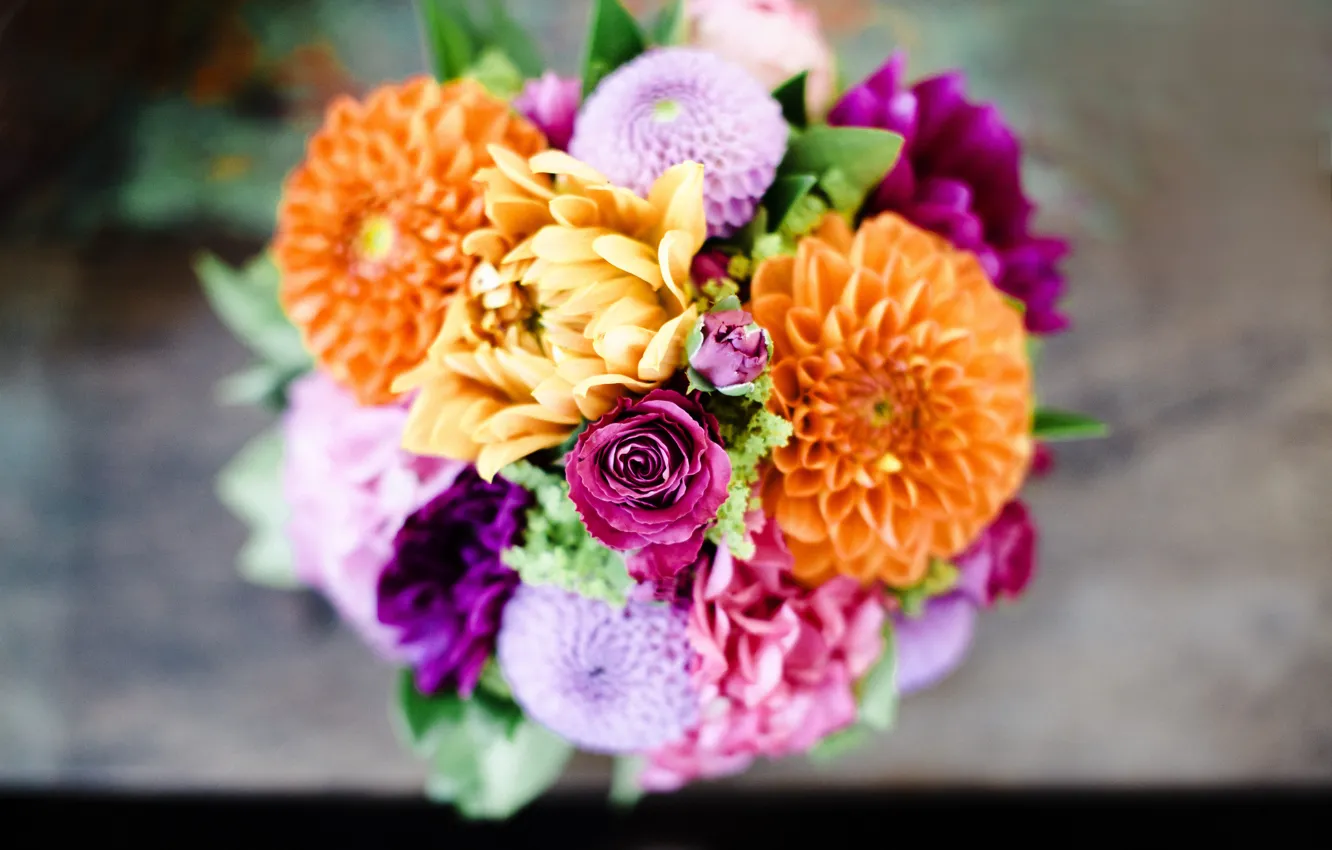 Фото обои цветы, розы, букет, розовые, оранжевые, сиреневые, георгины