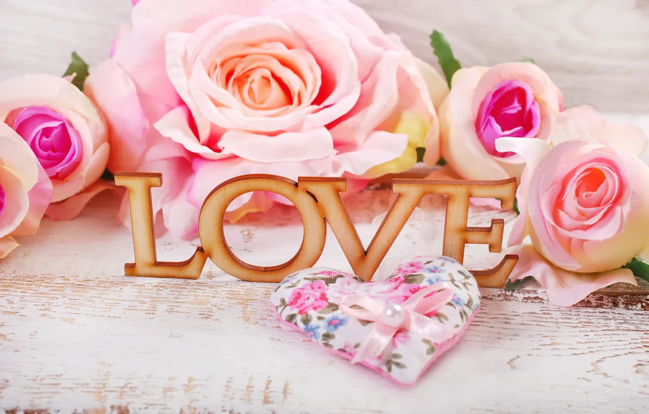Фото обои розы, сердечки, love, heart, pink, flowers, romantic, petals
