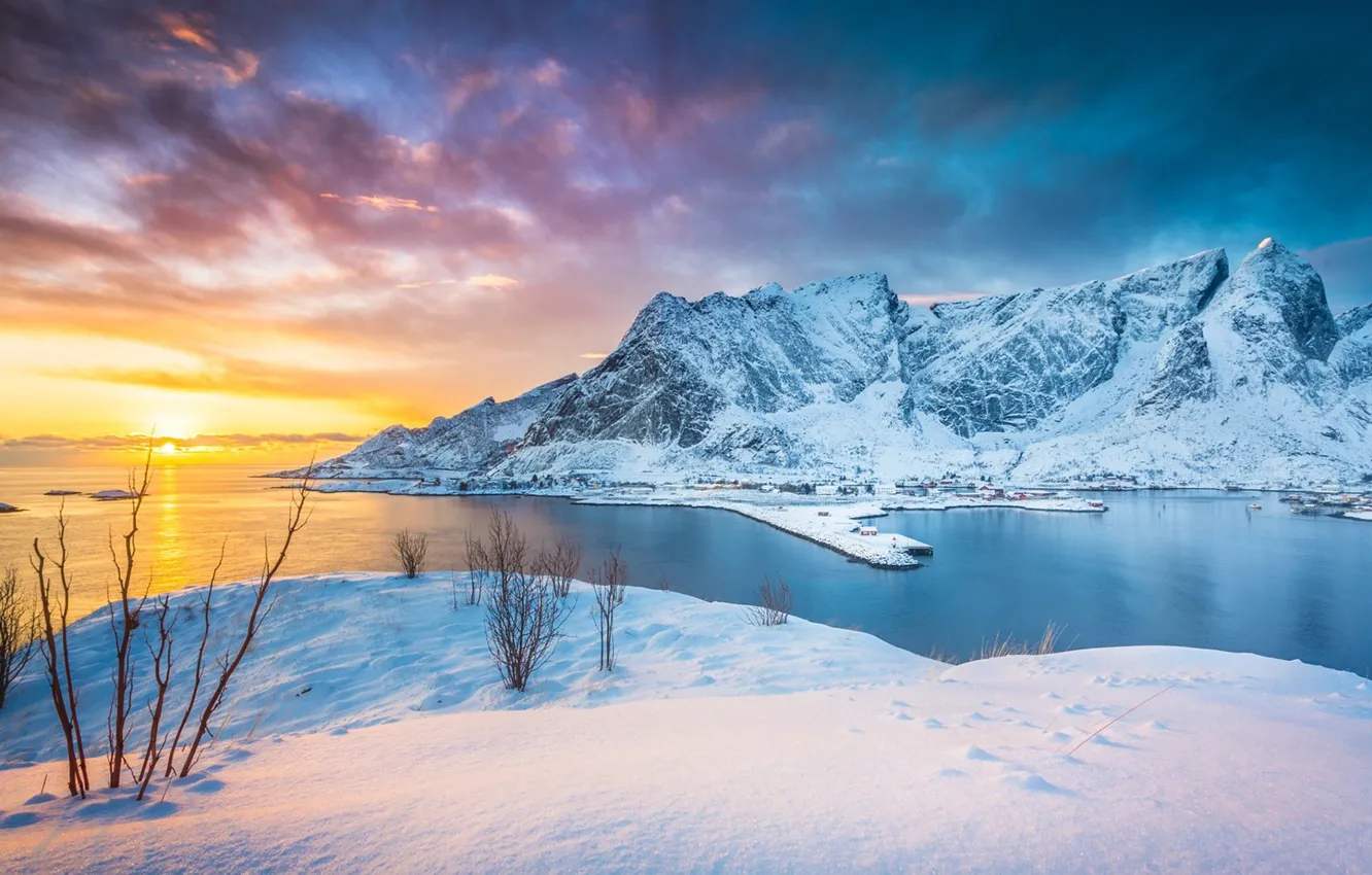 Фото обои зима, закат, горы, озеро, Норвегия, Norway, Lofoten Islands, Stefano Termanini