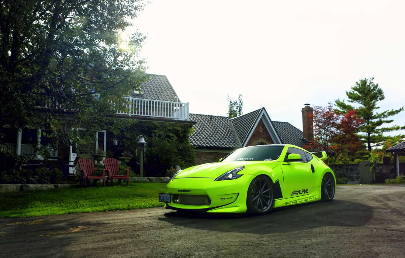 Фото обои green, Nissan, tuning, 370z, vossen wheels, frontside