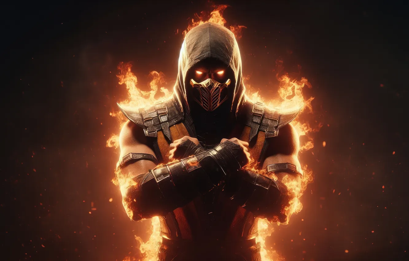Фото обои scorpion, mortal kombat, fiery, specter
