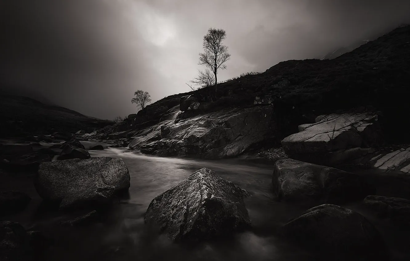 Фото обои ночь, река, камни, дерево, Шотландия