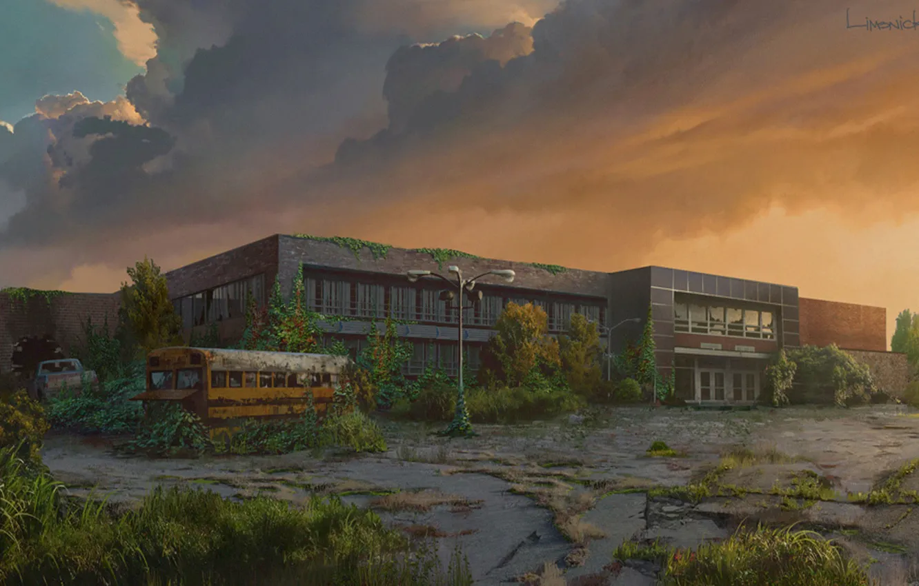 Фото обои здание, растение, арт, автобус, The Last of Us