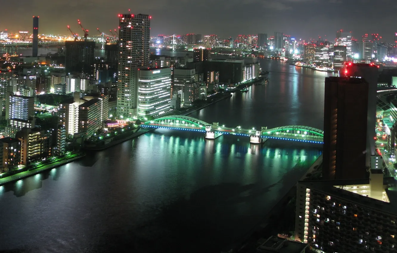 Фото обои ночь, мост, река, Tokyo, japan