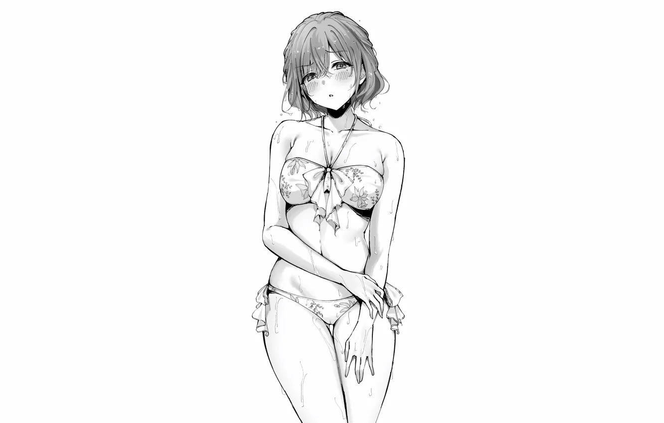 Фото обои girl, sexy, wet, cleavage, boobs, anime, beautiful, short hair