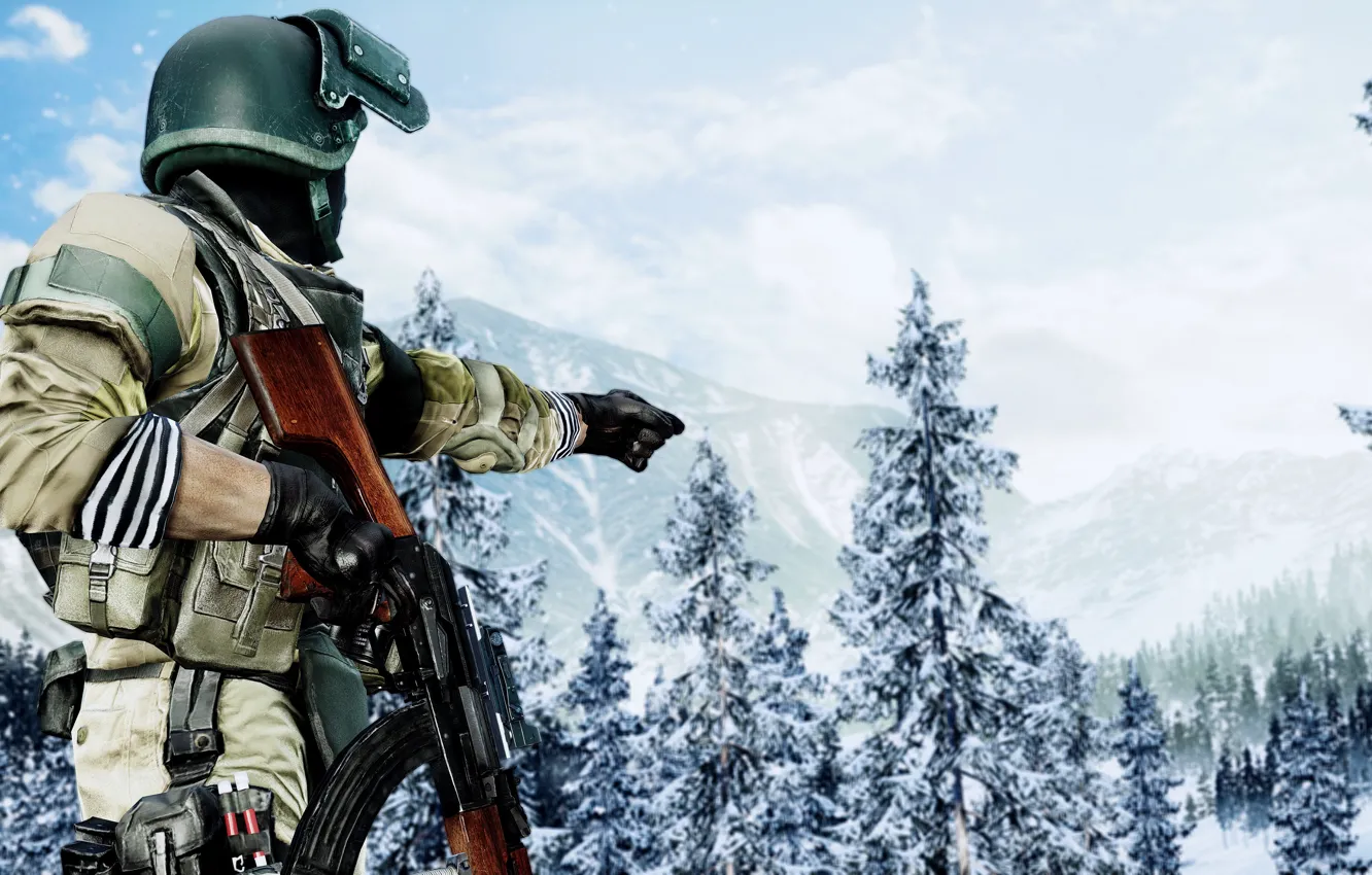 Фото обои gun, game, forest, soldier, blizzard, weapon, Battlefield, snow
