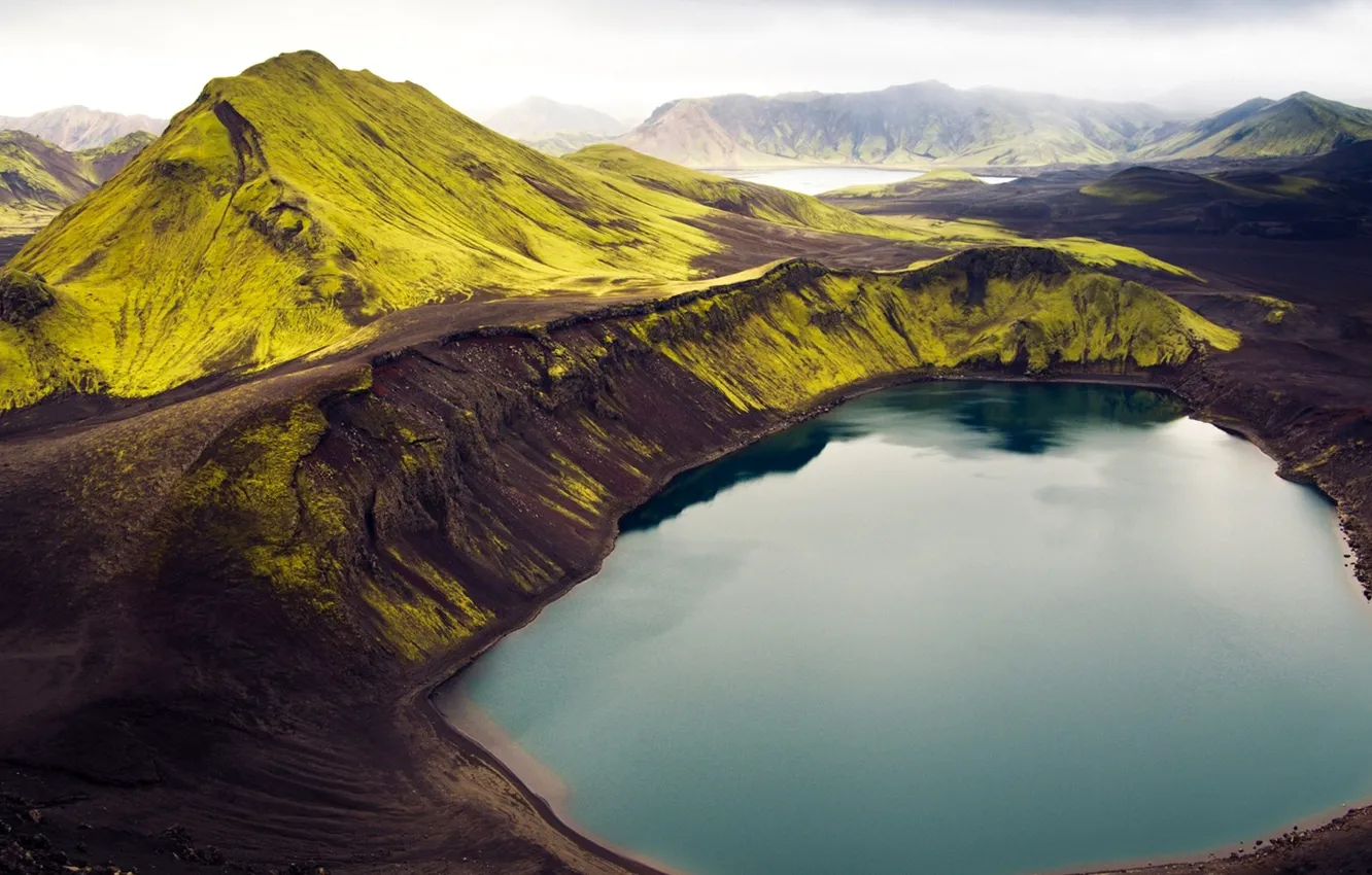 Фото обои небо, трава, горы, озеро, Исландия