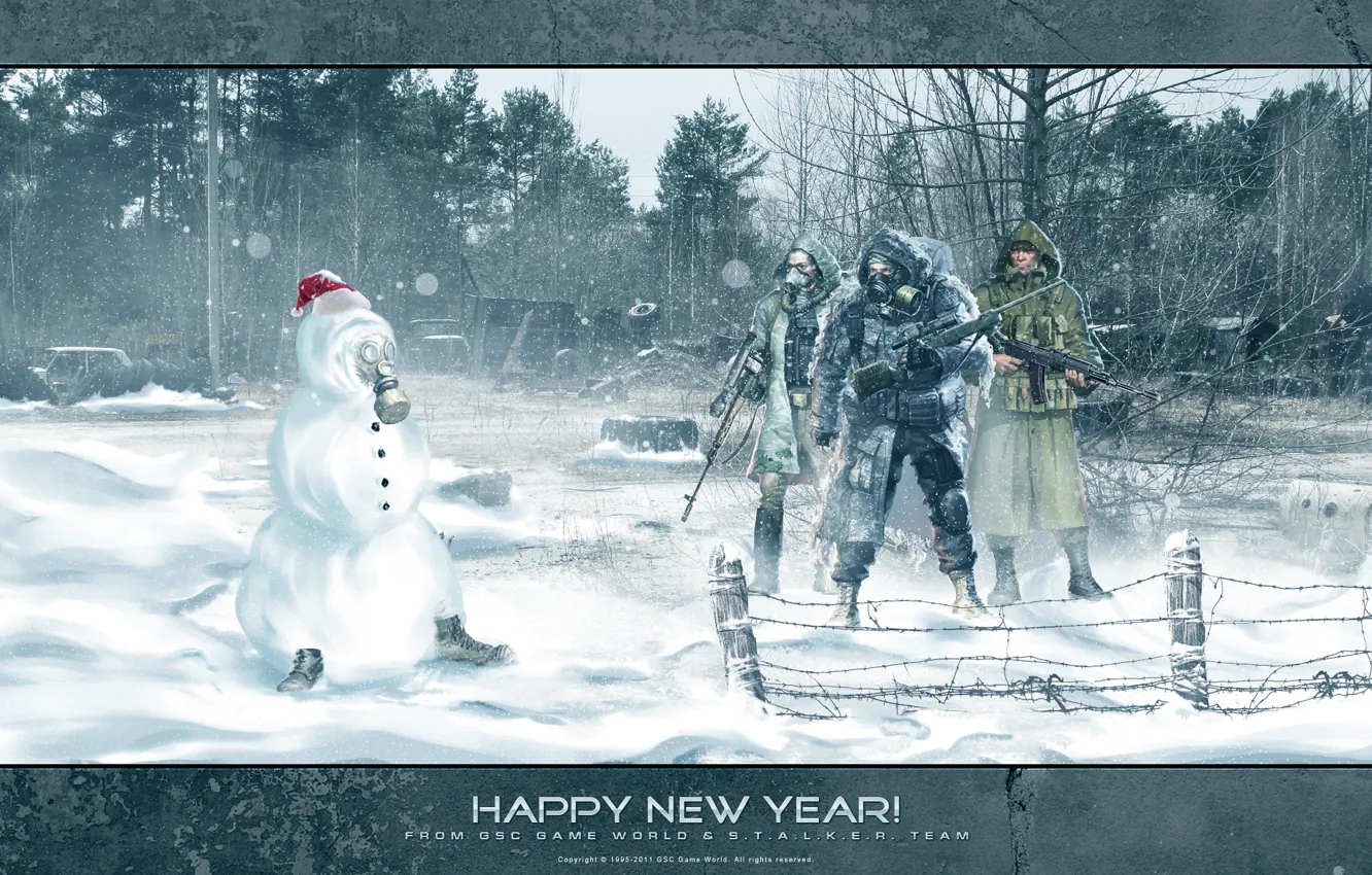 Фото обои лес, снег, оружие, новый год, снеговик, Stalker, сталкер, зона