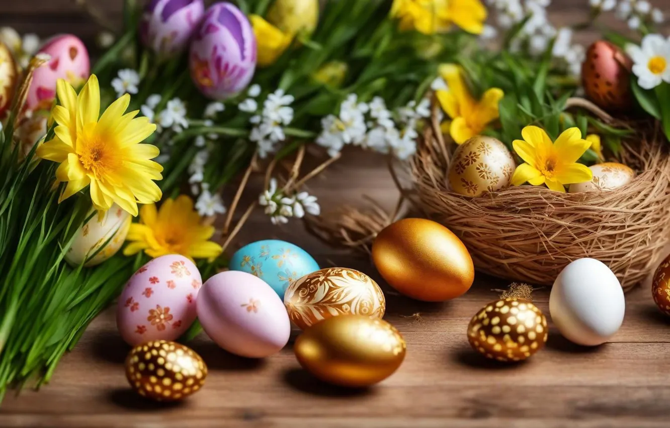Фото обои цветы, яйца, весна, colorful, Пасха, happy, flowers, spring