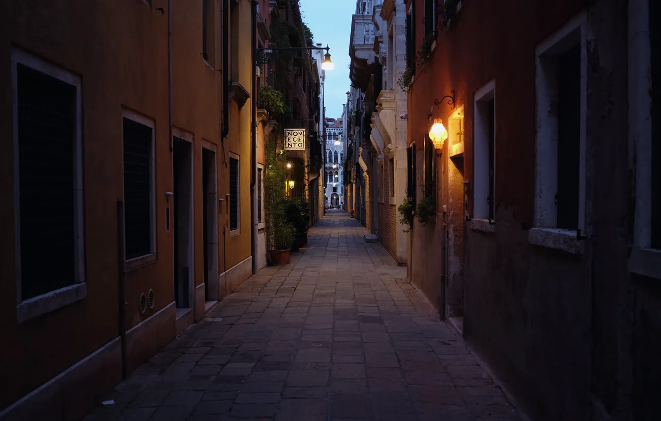 Фото обои Вечер, Фонари, Улочка, Италия, Венеция, Italy, Street, Venice