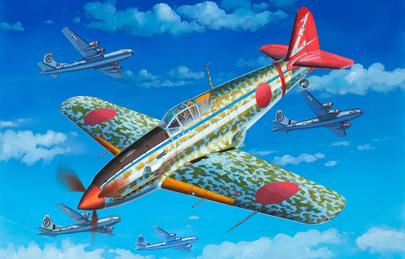 Фото обои небо, облака, истребитель, Boeing, бомбардировщик, Kawasaki, Superfortress, строй