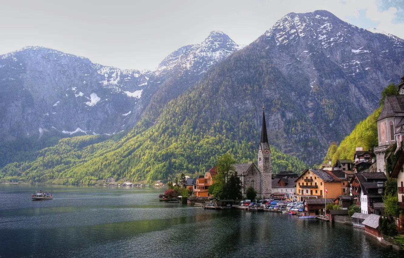 Фото обои горы, озеро, побережье, дома, Австрия, церковь, Austria