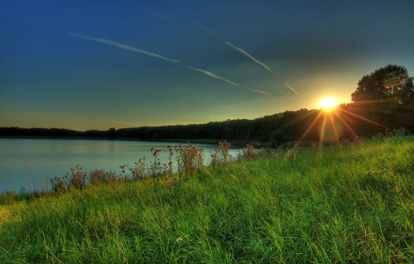 Фото обои трава, солнце, закат, природа, река, фото, рассвет, Германия