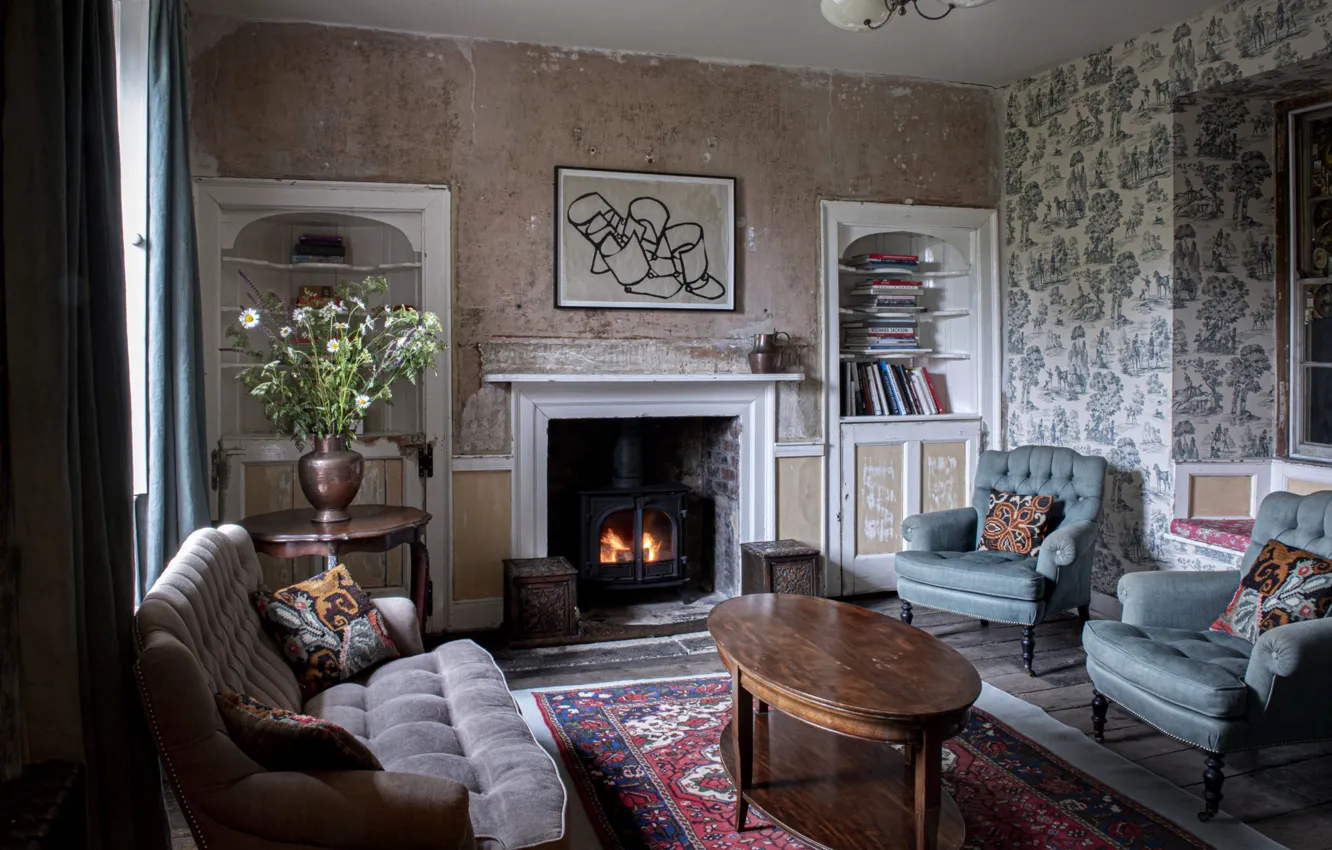 Фото обои дизайн, стиль, интерьер, камин, гостиная, Durslade Farmhouse