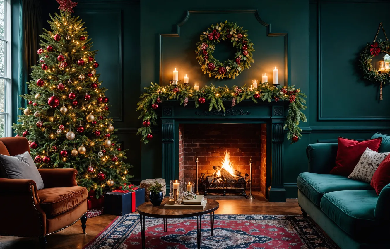 Фото обои комната, елка, интерьер, Рождество, Новый год, камин, Christmas, view