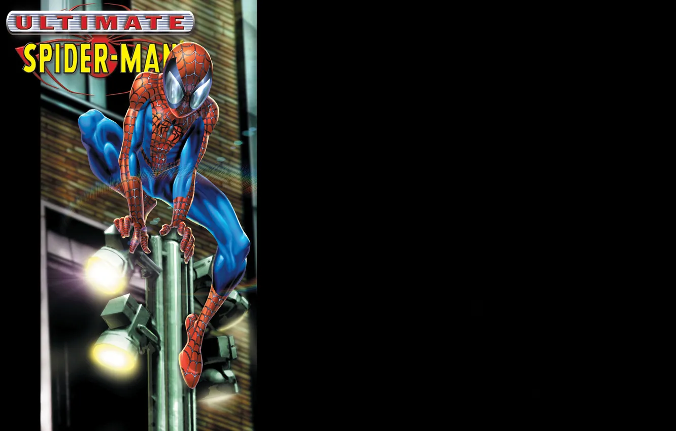 Фото обои столб, фонари, черный фон, супергерой, комикс, Marvel Comics, Spider-Man, Peter Parker