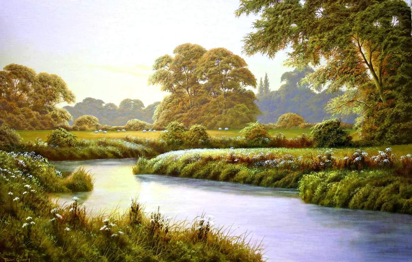 Фото обои деревья, пейзаж, цветы, река, поляна, живопись, Terry Grundy, Autumn Coming