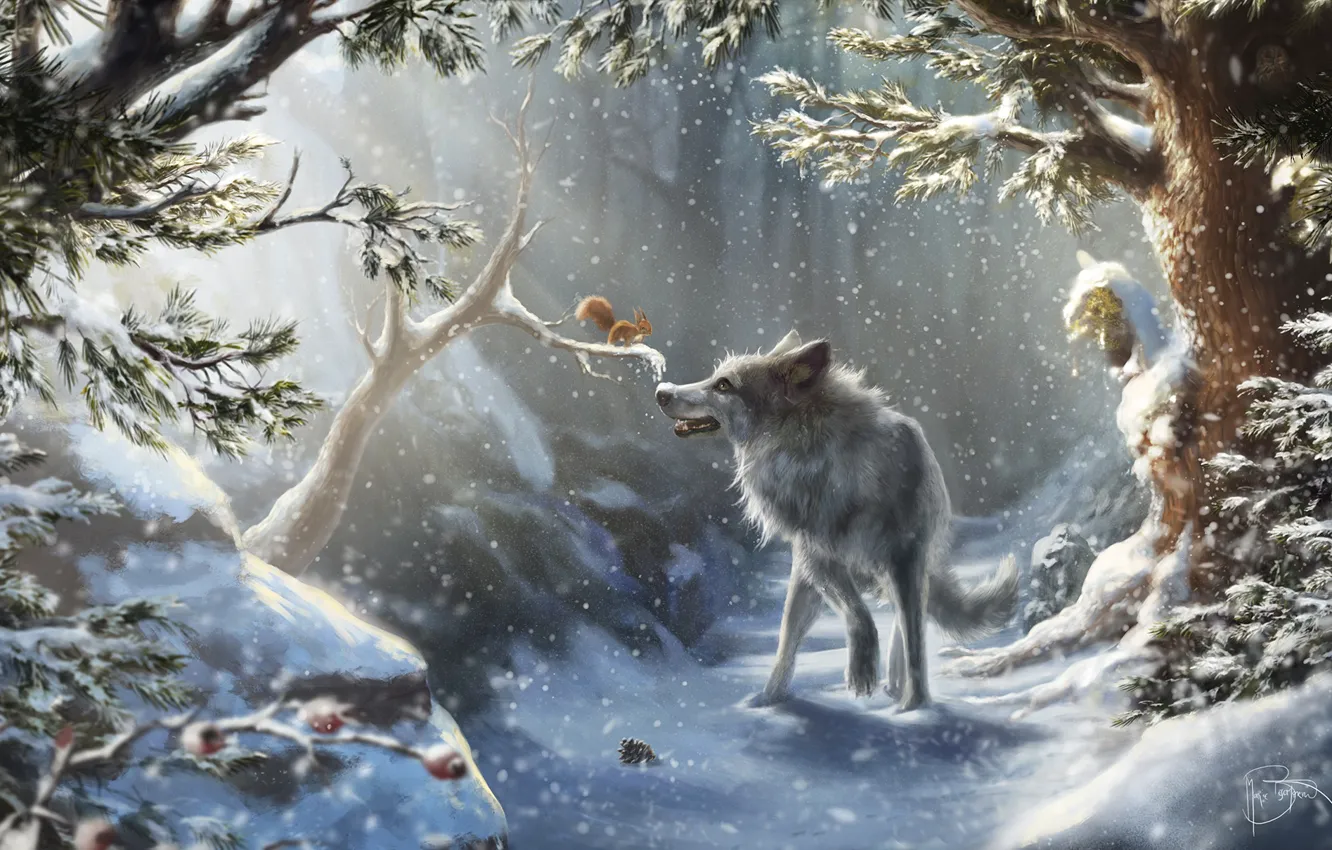 Фото обои зима, лес, снег, деревья, ветки, волк, белка, Marie Beschorner