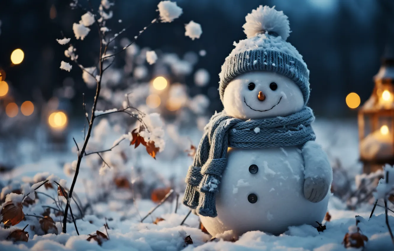 Фото обои зима, снег, Новый Год, Рождество, снеговик, happy, Christmas, winter