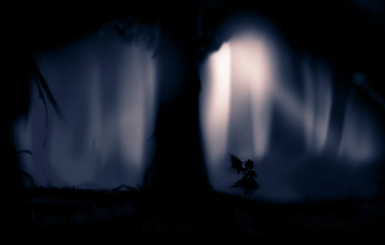 Фото обои девушка, свет, деревья, ночь, природа, крылья, силуэт, арт