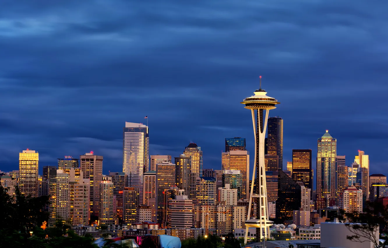 Фото обои огни, небоскребы, вечер, США, Seattle
