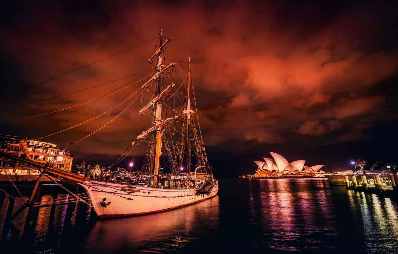 Фото обои ночь, парусник, бухта, причал, Австралия, Сидней, Australia, Sydney