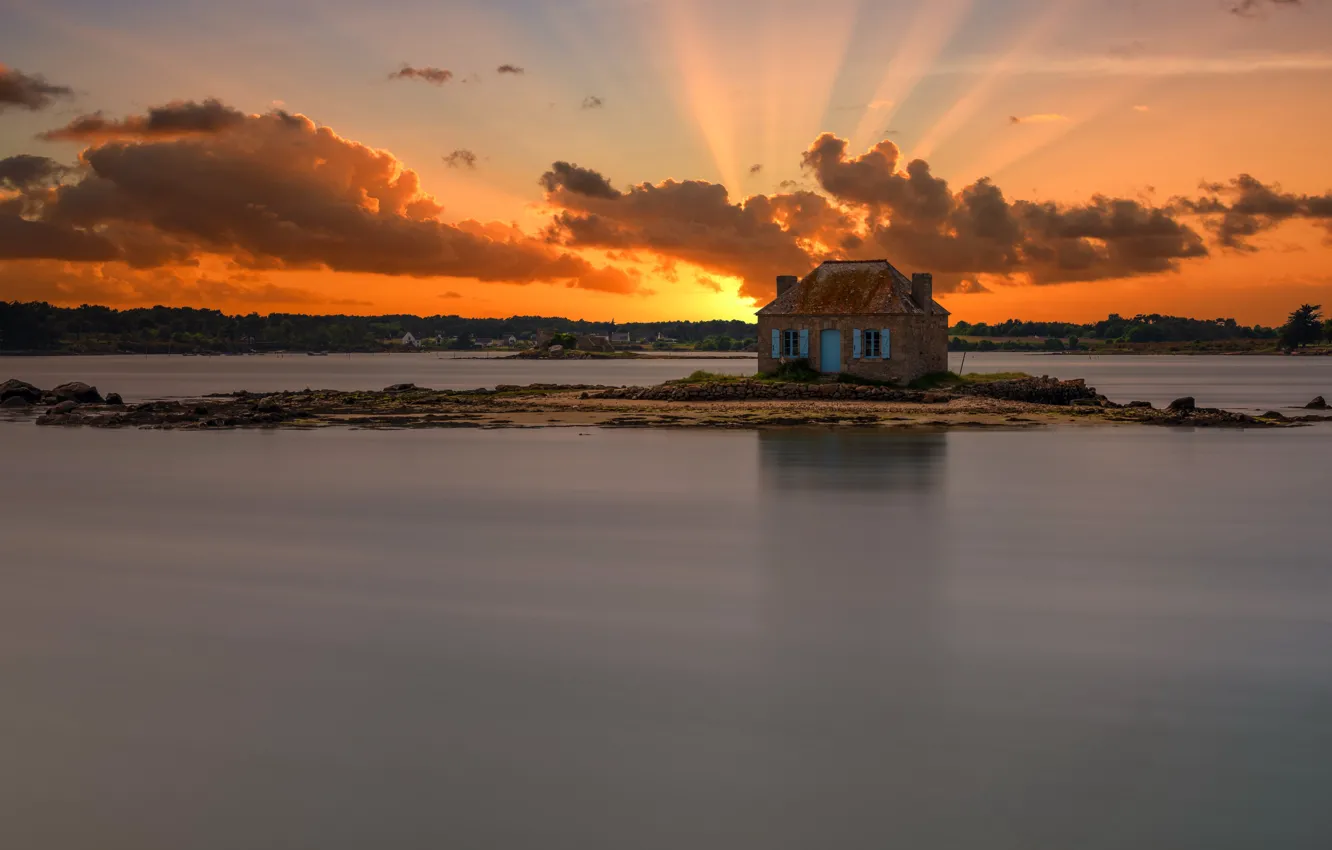 Фото обои закат, дом, остров