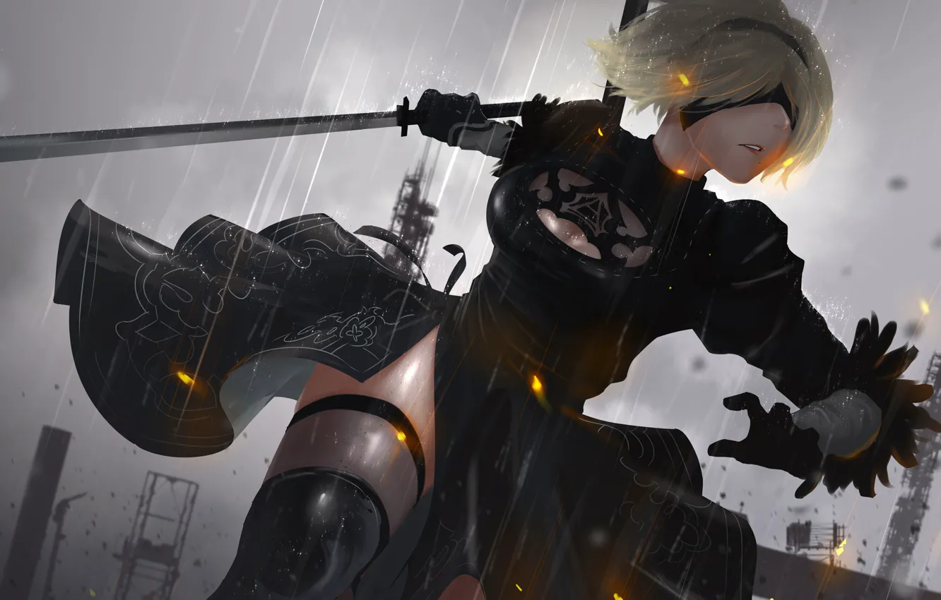 Фото обои движение, дождь, меч, маска, блондинка, sword, rain, строения