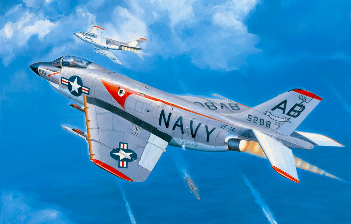 Фото обои war, art, airplane, painting, aviation, jet, McDonnell F3H-2M Demon