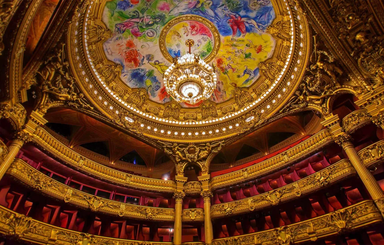 Фото обои Франция, Париж, потолок, люстра, театр, роспись, Марк Шагал, опера Гарнье
