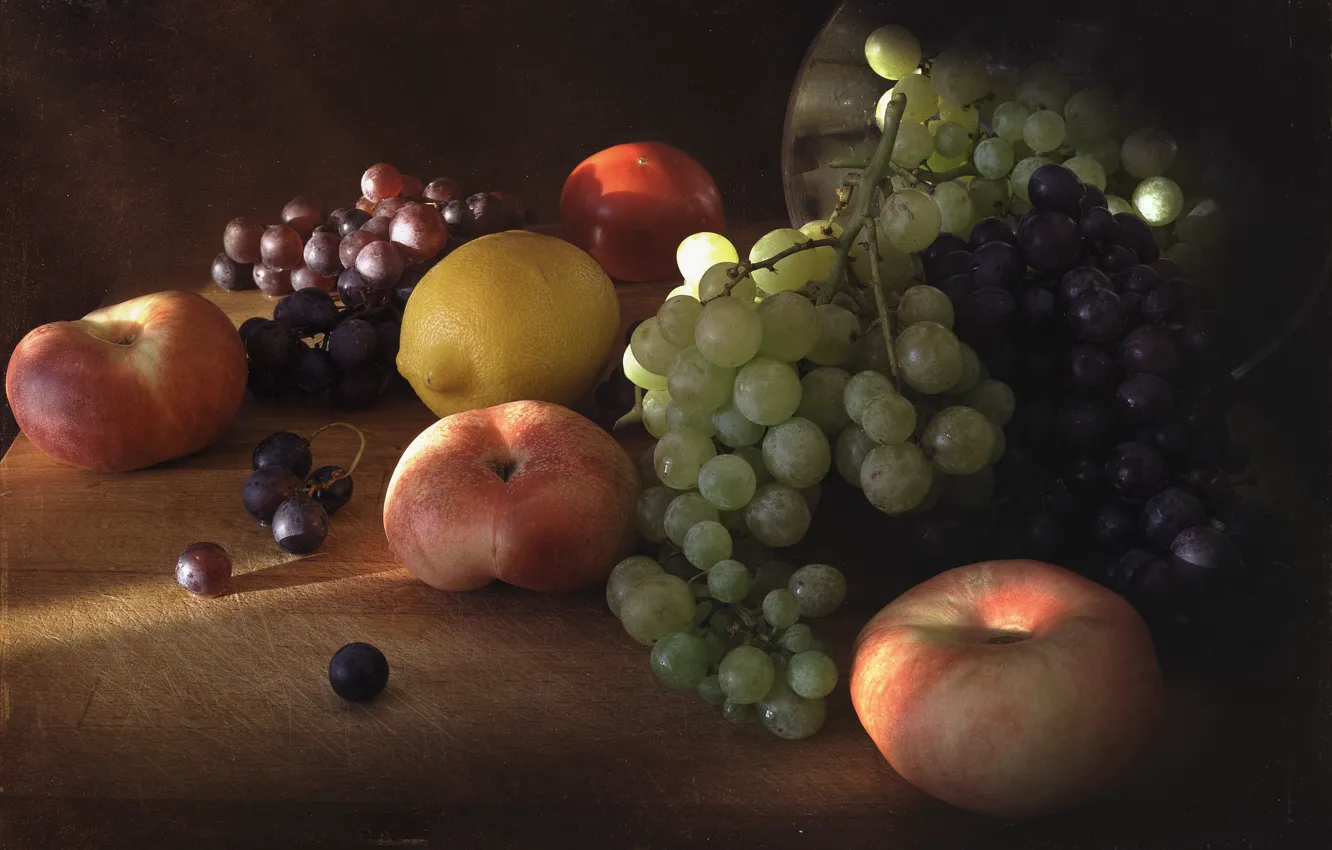 Фото обои лимон, виноград, фрукты, натюрморт, персики, гроздья
