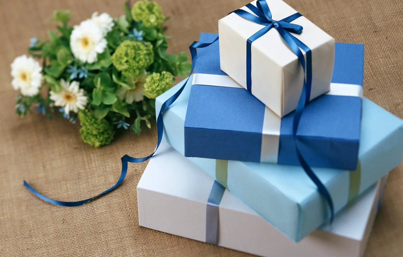 Фото обои цветы, синий, голубой, растения, лента, подарки, праздники