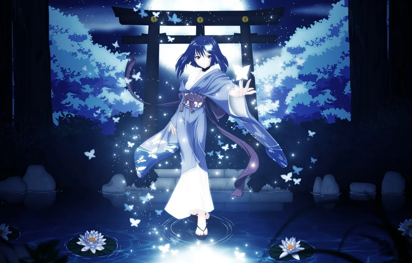 Фото обои девушка, деревья, бабочки, ночь, пруд, луна, аниме, юката