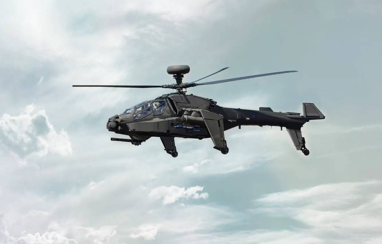 Фото обои Небо, Облака, Вертолет, Оружие, Боевая машина, Helicopter, Apache, Вертолёт