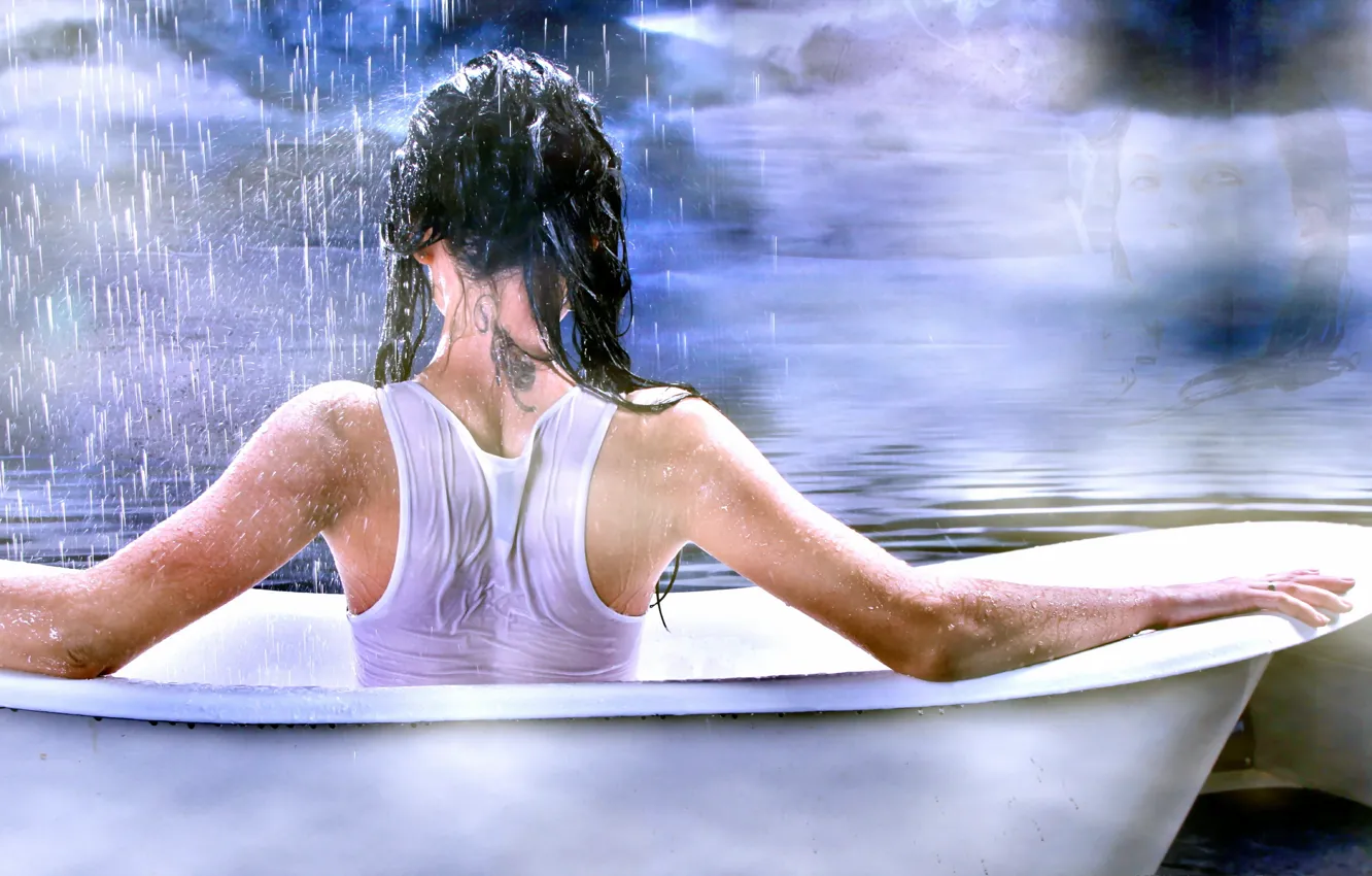 Фото обои девушка, дождь, настроение, ванна, монтаж