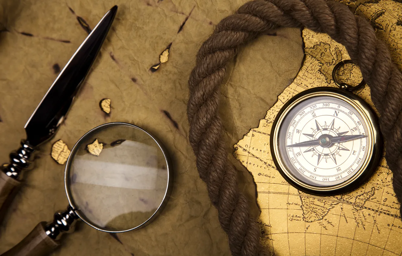 Фото обои карта, лупа, компас, верёвка, стилет